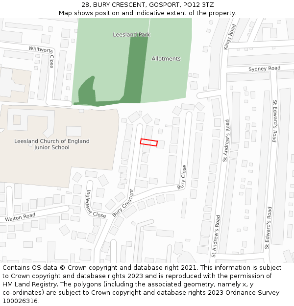 28, BURY CRESCENT, GOSPORT, PO12 3TZ: Location map and indicative extent of plot