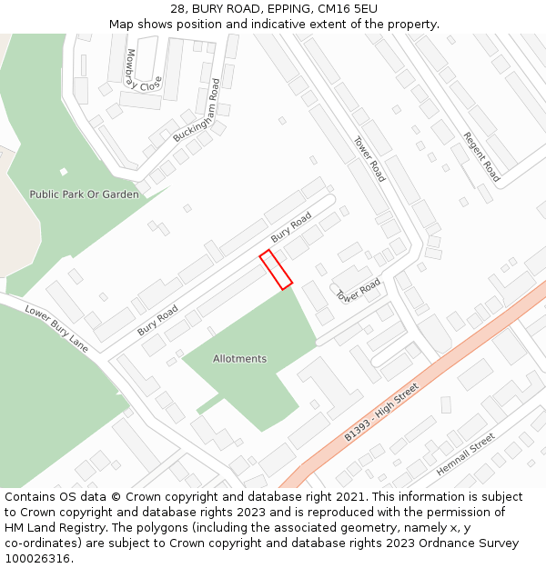 28, BURY ROAD, EPPING, CM16 5EU: Location map and indicative extent of plot