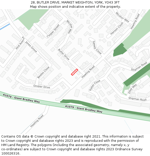 28, BUTLER DRIVE, MARKET WEIGHTON, YORK, YO43 3FT: Location map and indicative extent of plot