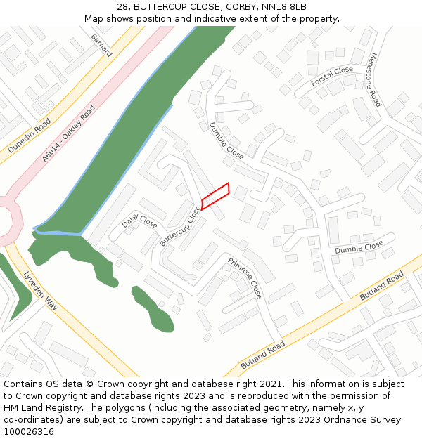 28, BUTTERCUP CLOSE, CORBY, NN18 8LB: Location map and indicative extent of plot