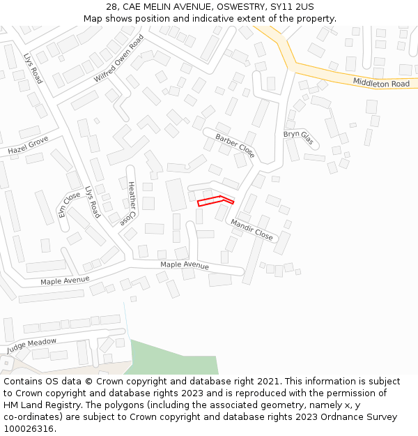 28, CAE MELIN AVENUE, OSWESTRY, SY11 2US: Location map and indicative extent of plot