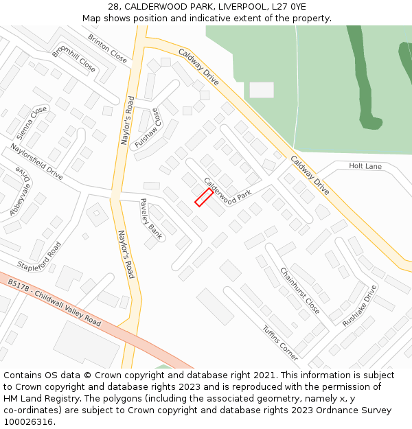 28, CALDERWOOD PARK, LIVERPOOL, L27 0YE: Location map and indicative extent of plot