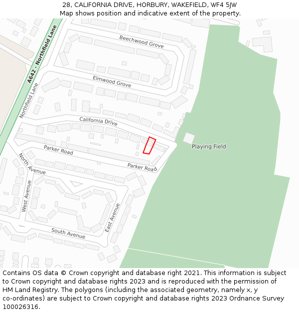 28, CALIFORNIA DRIVE, HORBURY, WAKEFIELD, WF4 5JW: Location map and indicative extent of plot