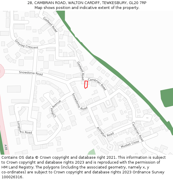 28, CAMBRIAN ROAD, WALTON CARDIFF, TEWKESBURY, GL20 7RP: Location map and indicative extent of plot