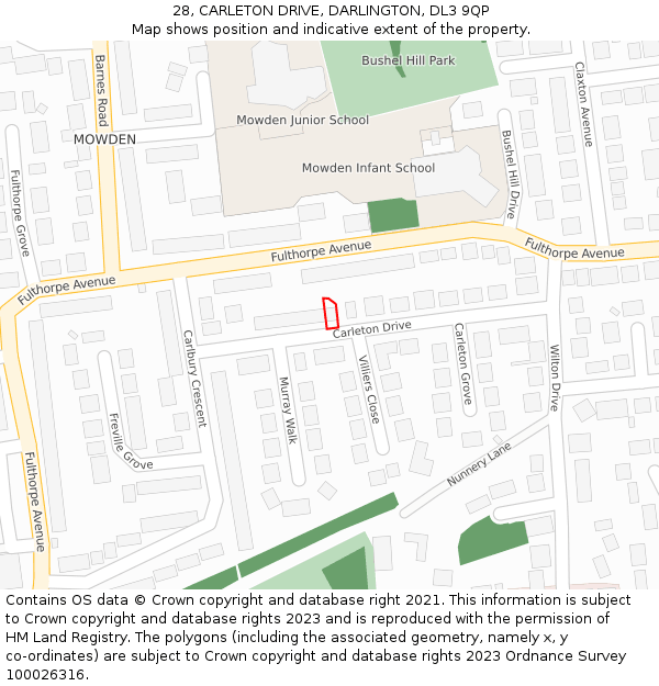 28, CARLETON DRIVE, DARLINGTON, DL3 9QP: Location map and indicative extent of plot