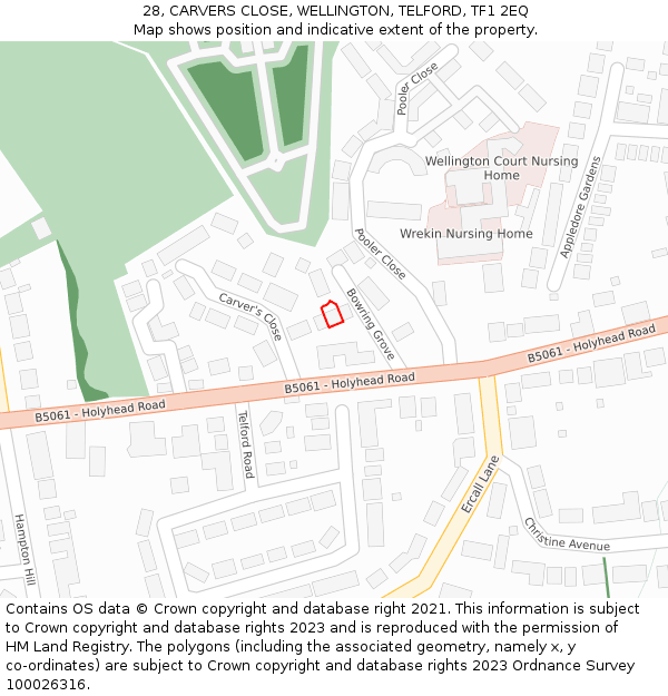 28, CARVERS CLOSE, WELLINGTON, TELFORD, TF1 2EQ: Location map and indicative extent of plot