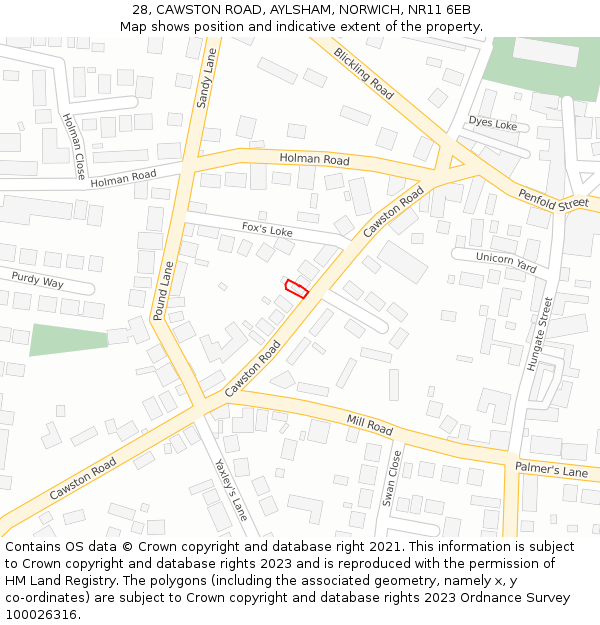 28, CAWSTON ROAD, AYLSHAM, NORWICH, NR11 6EB: Location map and indicative extent of plot