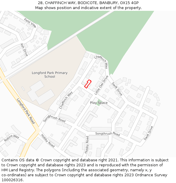 28, CHAFFINCH WAY, BODICOTE, BANBURY, OX15 4GP: Location map and indicative extent of plot