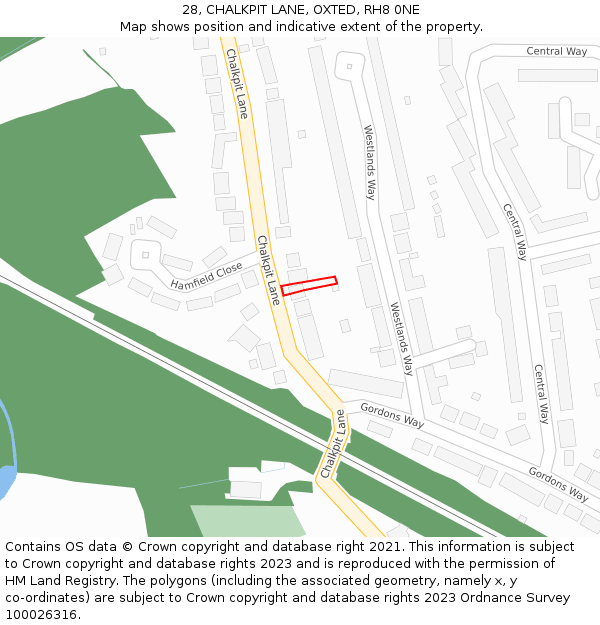28, CHALKPIT LANE, OXTED, RH8 0NE: Location map and indicative extent of plot