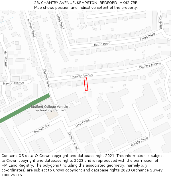 28, CHANTRY AVENUE, KEMPSTON, BEDFORD, MK42 7RR: Location map and indicative extent of plot