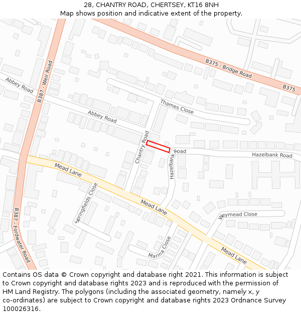 28, CHANTRY ROAD, CHERTSEY, KT16 8NH: Location map and indicative extent of plot