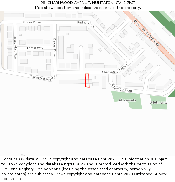 28, CHARNWOOD AVENUE, NUNEATON, CV10 7NZ: Location map and indicative extent of plot