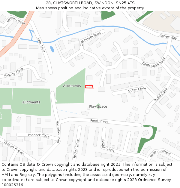28, CHATSWORTH ROAD, SWINDON, SN25 4TS: Location map and indicative extent of plot