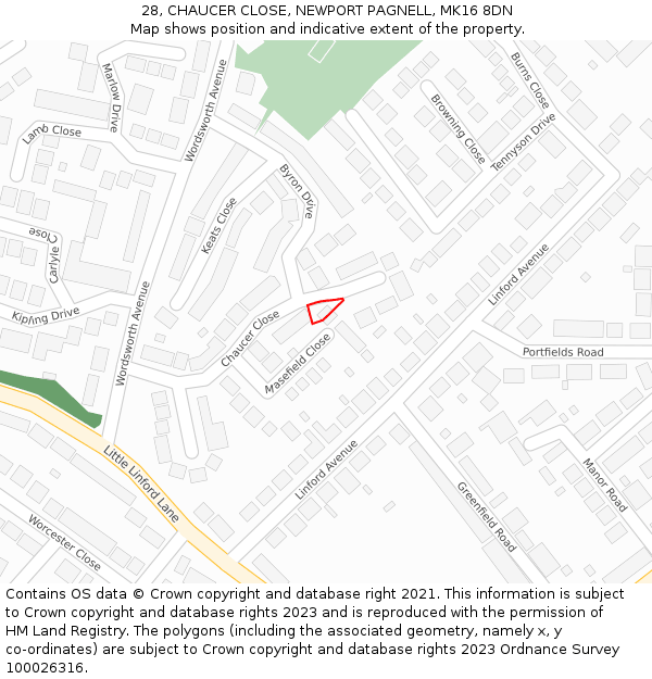 28, CHAUCER CLOSE, NEWPORT PAGNELL, MK16 8DN: Location map and indicative extent of plot