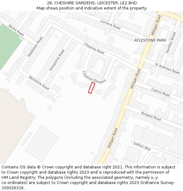 28, CHESHIRE GARDENS, LEICESTER, LE2 8HD: Location map and indicative extent of plot