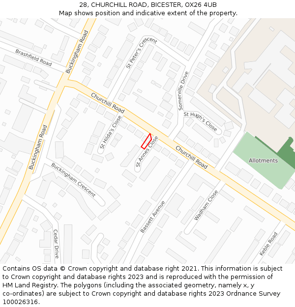 28, CHURCHILL ROAD, BICESTER, OX26 4UB: Location map and indicative extent of plot