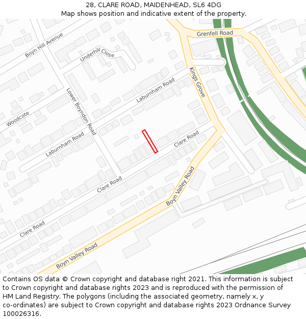 28, CLARE ROAD, MAIDENHEAD, SL6 4DG: Location map and indicative extent of plot
