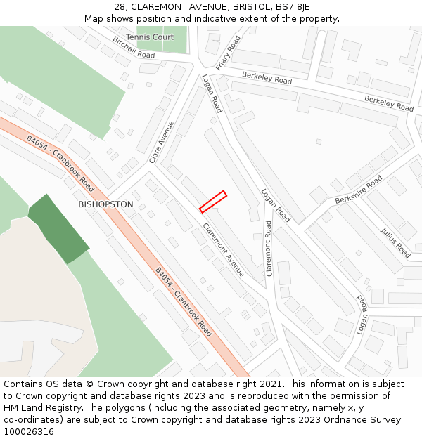 28, CLAREMONT AVENUE, BRISTOL, BS7 8JE: Location map and indicative extent of plot