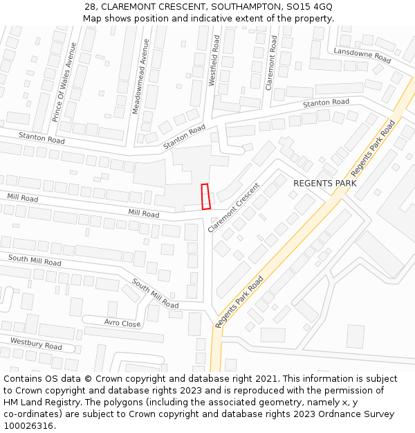 28, CLAREMONT CRESCENT, SOUTHAMPTON, SO15 4GQ: Location map and indicative extent of plot
