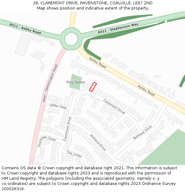 28, CLAREMONT DRIVE, RAVENSTONE, COALVILLE, LE67 2ND: Location map and indicative extent of plot