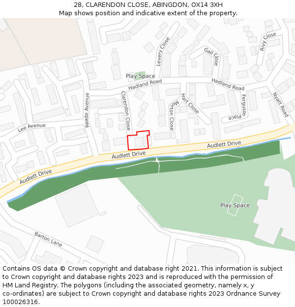 28, CLARENDON CLOSE, ABINGDON, OX14 3XH: Location map and indicative extent of plot
