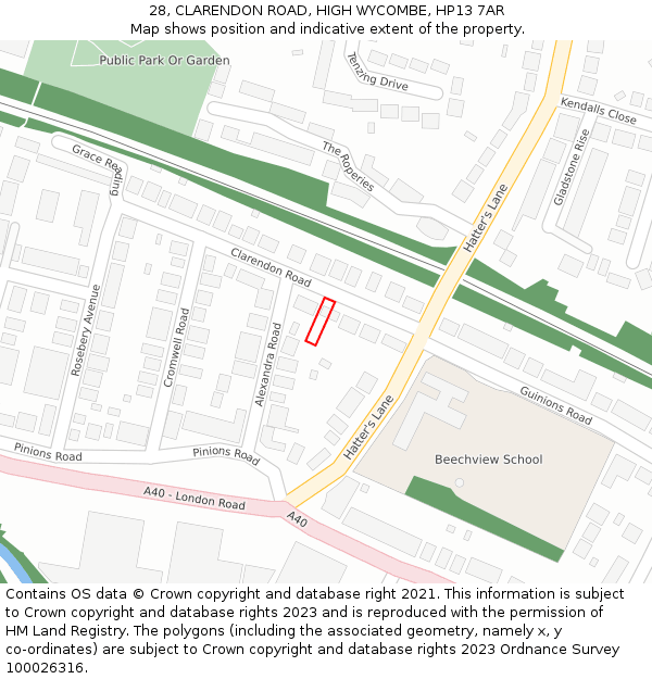 28, CLARENDON ROAD, HIGH WYCOMBE, HP13 7AR: Location map and indicative extent of plot