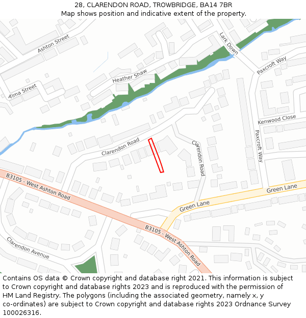 28, CLARENDON ROAD, TROWBRIDGE, BA14 7BR: Location map and indicative extent of plot
