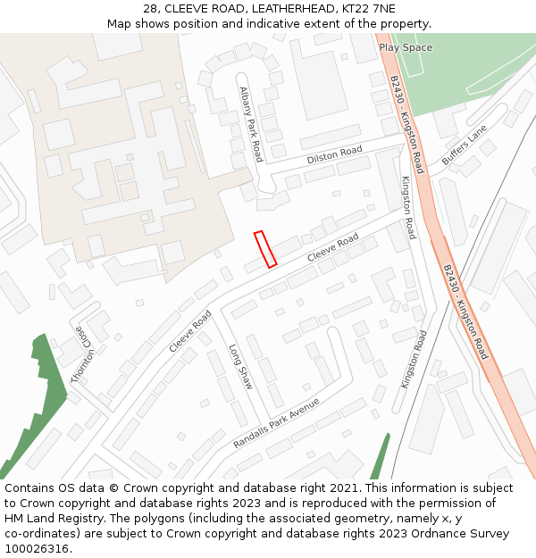 28, CLEEVE ROAD, LEATHERHEAD, KT22 7NE: Location map and indicative extent of plot
