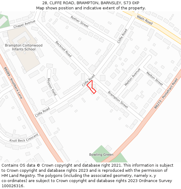28, CLIFFE ROAD, BRAMPTON, BARNSLEY, S73 0XP: Location map and indicative extent of plot