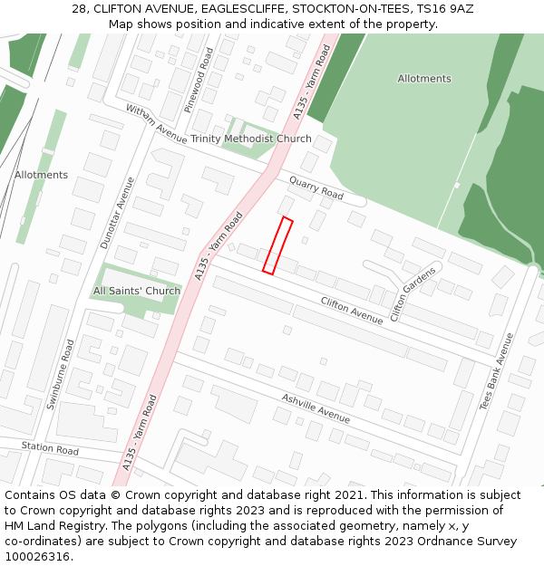 28, CLIFTON AVENUE, EAGLESCLIFFE, STOCKTON-ON-TEES, TS16 9AZ: Location map and indicative extent of plot