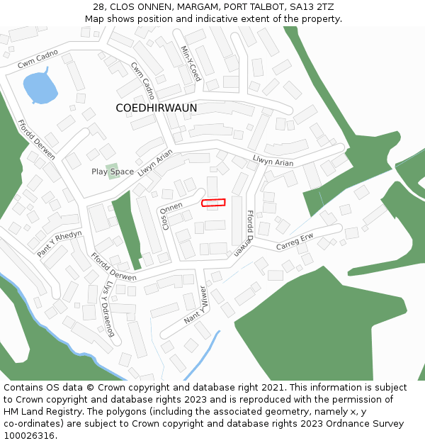 28, CLOS ONNEN, MARGAM, PORT TALBOT, SA13 2TZ: Location map and indicative extent of plot