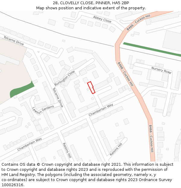 28, CLOVELLY CLOSE, PINNER, HA5 2BP: Location map and indicative extent of plot