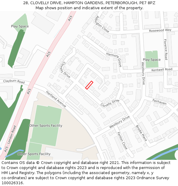 28, CLOVELLY DRIVE, HAMPTON GARDENS, PETERBOROUGH, PE7 8PZ: Location map and indicative extent of plot