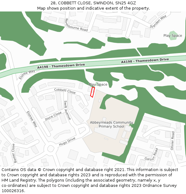 28, COBBETT CLOSE, SWINDON, SN25 4GZ: Location map and indicative extent of plot