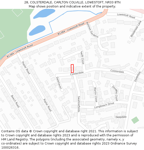 28, COLSTERDALE, CARLTON COLVILLE, LOWESTOFT, NR33 8TN: Location map and indicative extent of plot