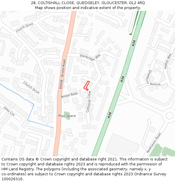 28, COLTISHALL CLOSE, QUEDGELEY, GLOUCESTER, GL2 4RQ: Location map and indicative extent of plot