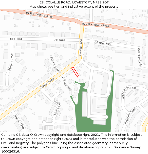 28, COLVILLE ROAD, LOWESTOFT, NR33 9QT: Location map and indicative extent of plot