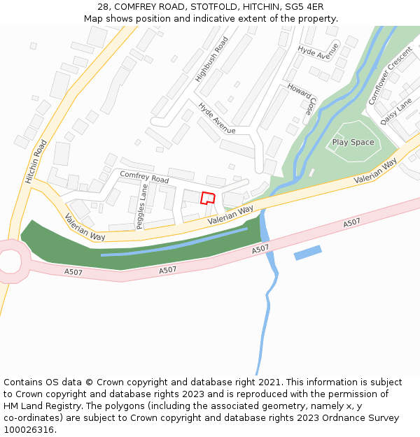 28, COMFREY ROAD, STOTFOLD, HITCHIN, SG5 4ER: Location map and indicative extent of plot
