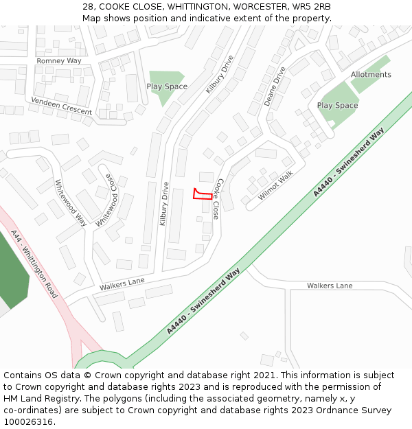 28, COOKE CLOSE, WHITTINGTON, WORCESTER, WR5 2RB: Location map and indicative extent of plot