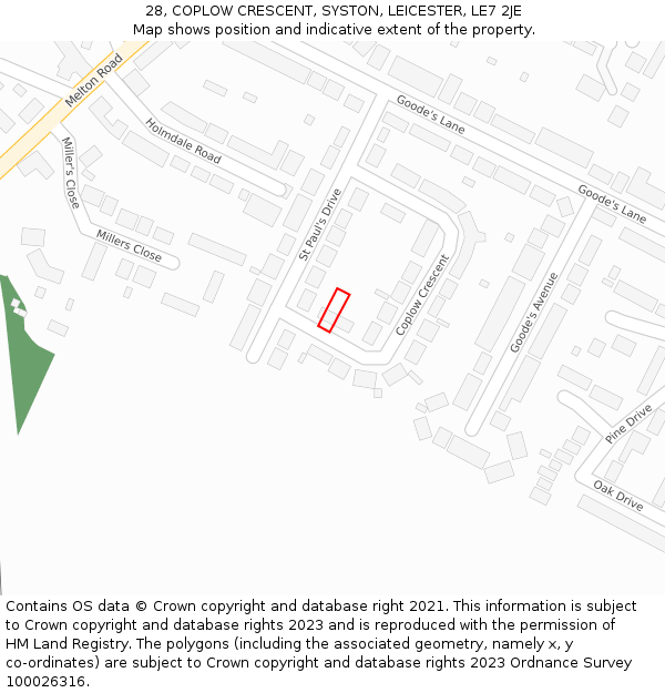 28, COPLOW CRESCENT, SYSTON, LEICESTER, LE7 2JE: Location map and indicative extent of plot
