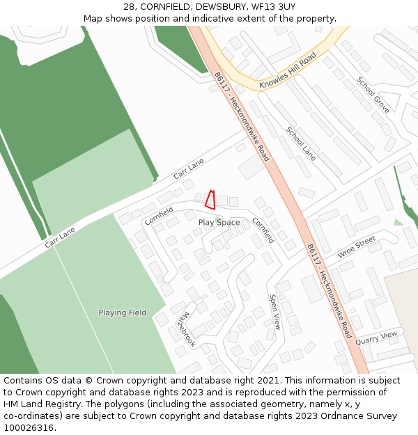 28, CORNFIELD, DEWSBURY, WF13 3UY: Location map and indicative extent of plot