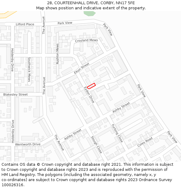 28, COURTEENHALL DRIVE, CORBY, NN17 5FE: Location map and indicative extent of plot