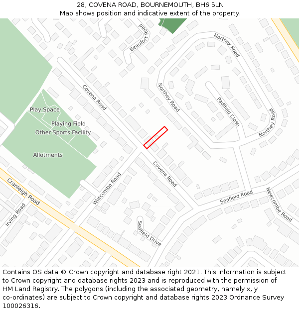 28, COVENA ROAD, BOURNEMOUTH, BH6 5LN: Location map and indicative extent of plot