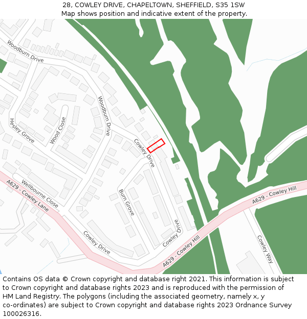 28, COWLEY DRIVE, CHAPELTOWN, SHEFFIELD, S35 1SW: Location map and indicative extent of plot