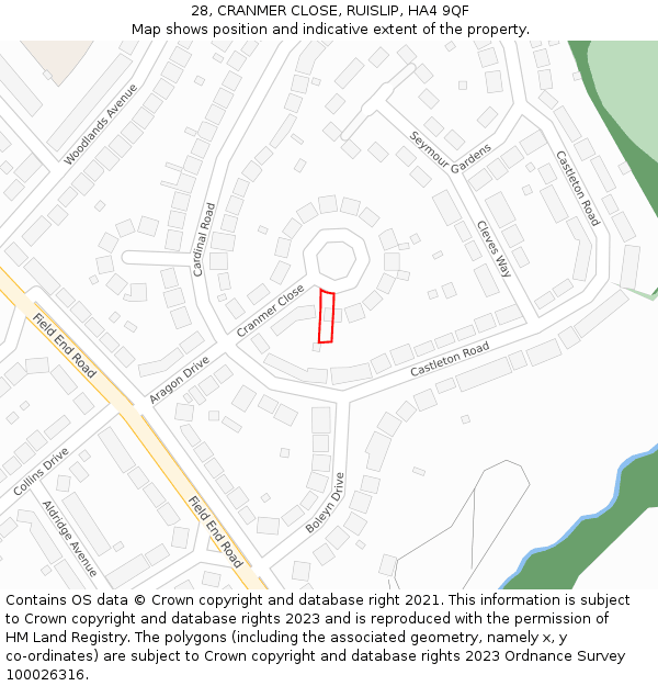 28, CRANMER CLOSE, RUISLIP, HA4 9QF: Location map and indicative extent of plot