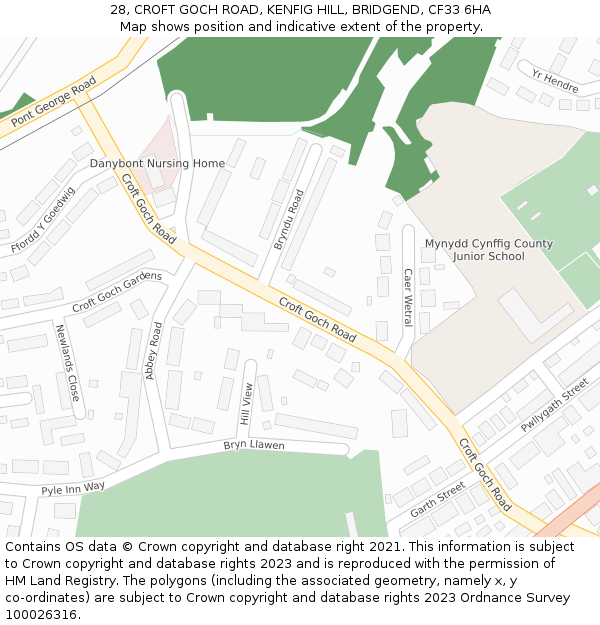28, CROFT GOCH ROAD, KENFIG HILL, BRIDGEND, CF33 6HA: Location map and indicative extent of plot