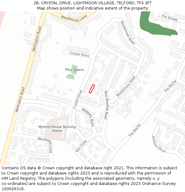 28, CRYSTAL DRIVE, LIGHTMOOR VILLAGE, TELFORD, TF4 3FT: Location map and indicative extent of plot