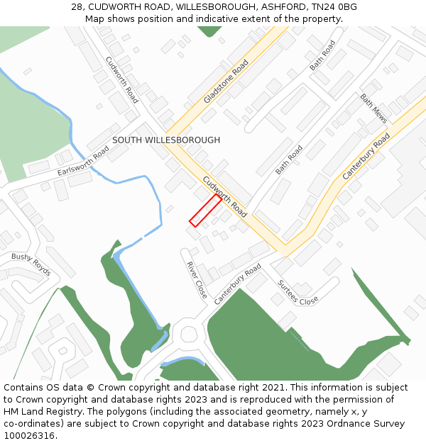 28, CUDWORTH ROAD, WILLESBOROUGH, ASHFORD, TN24 0BG: Location map and indicative extent of plot