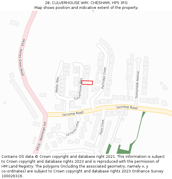 28, CULVERHOUSE WAY, CHESHAM, HP5 3FG: Location map and indicative extent of plot