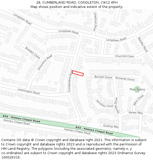 28, CUMBERLAND ROAD, CONGLETON, CW12 4PH: Location map and indicative extent of plot